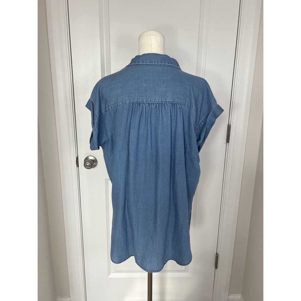 LOFT Women's Blouse Medium Petite Chambray Button Down Linen Blend Western Chic - Picture 3 of 6